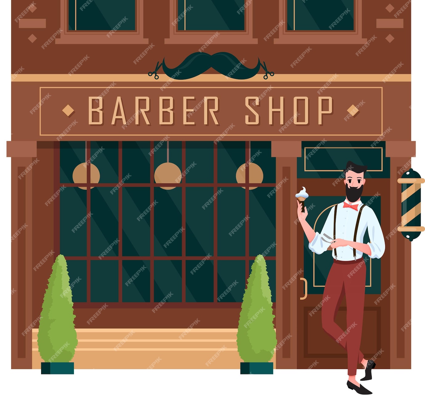 Premium Vector Barber Shop Open Cartoon Street Building Brown Facade Of Retro Barbershop With 7156