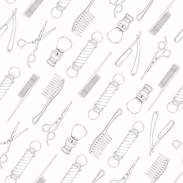 Barber shop seamless pattern with doodle hand drawn razor, scissors, shaving brush,  comb, classic b