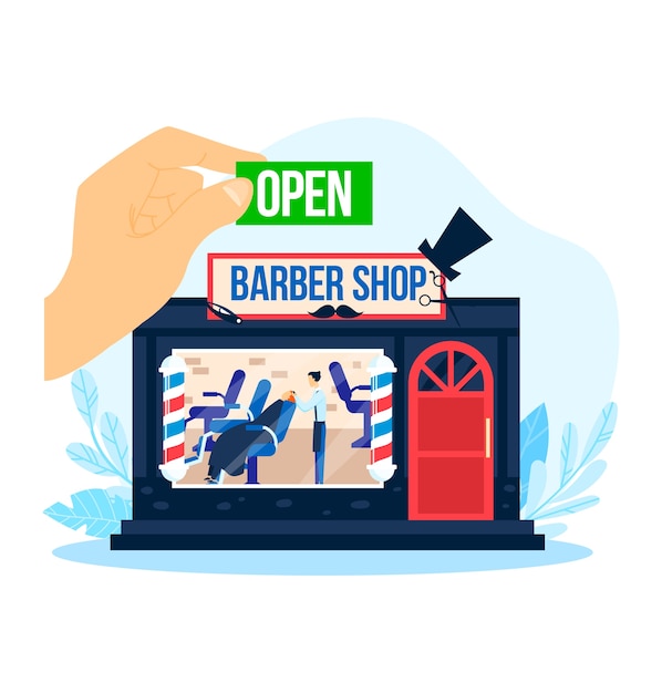 Premium | Barbershop open, illustration. barber shop salon business, for cartoon man haircut. cartoon hairdressing character