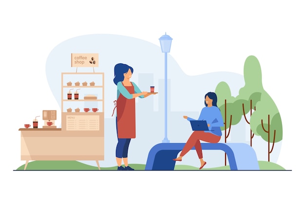 Free Vector | Barista carrying takeaway coffee to customer outdoors.