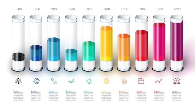 Bars chart infographic template with colorful 3d glass tube. Premium Vector