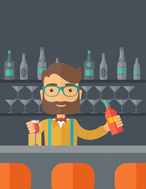 Bartender at the bar holding a drink Premium Vector