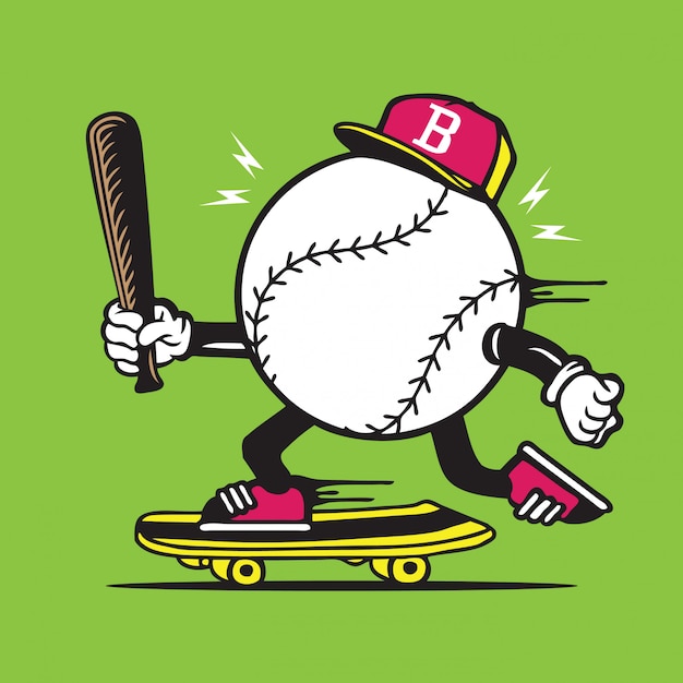 野球ボールとバットアイコンスケートスケートボードキャラクターデザイン プレミアムベクター