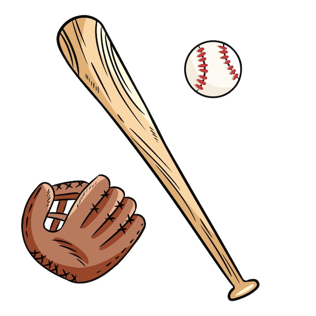 野球ボール キャップ バットの手描き落書き プレミアムベクター