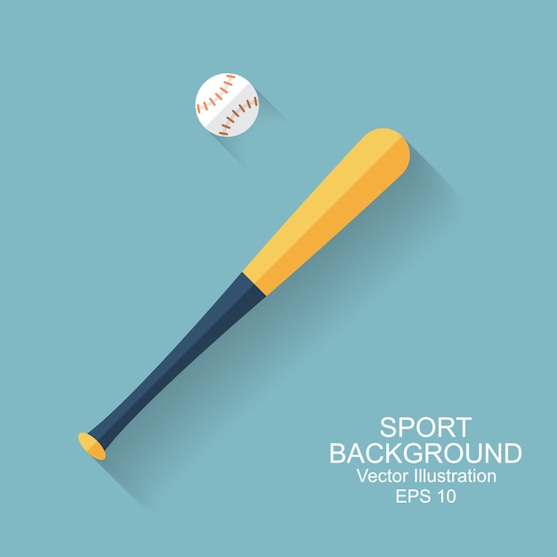 野球のバット ボール 長い影付きのアイコン スポーツ野球の背景 フラットスタイル ベクトルイラスト プレミアムベクター
