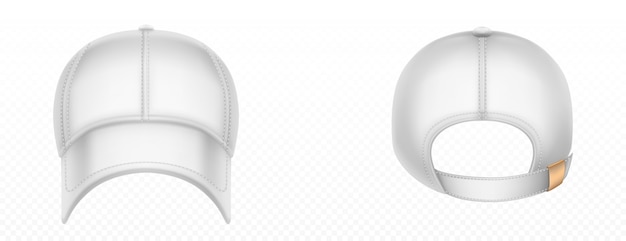 無料のベクター 野球帽の正面と背面 ステッチ バイザー スナップオンピークの空白の白い帽子の現実的なモックアップをベクトルします 分離された太陽の保護頭のスポーツ制服キャップ