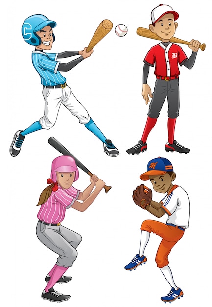 Premium Vector Baseball Player Set Character In Cartoon