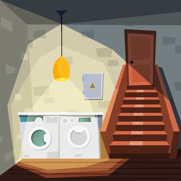 プレミアムベクター 地下 漫画の家の部屋と地下室で洗濯機洗濯機階段倉庫インテリアイラスト