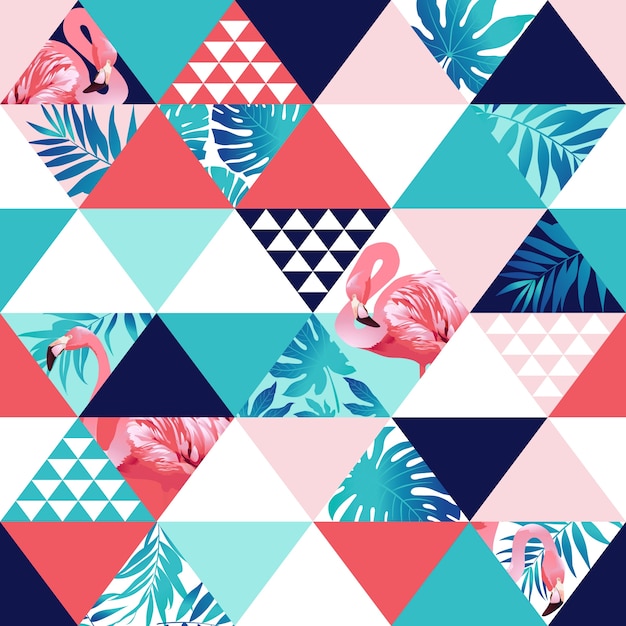Basexotic beach trendy seamless pattern, patchwork illustrated floral Premium Vector