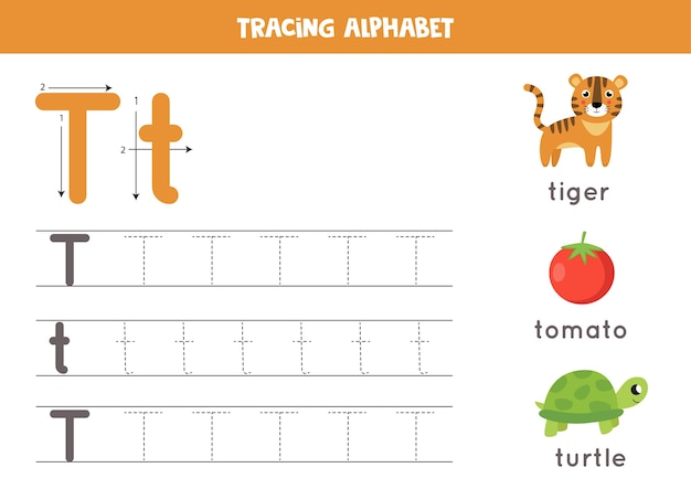 子供のための基本的なライティングの練習 すべてのaz文字を含むアルファベットトレースワークシート かわいい漫画のタイガー タートル トマトで大文字と小文字のtをトレースします 教育文法ゲーム プレミアムベクター