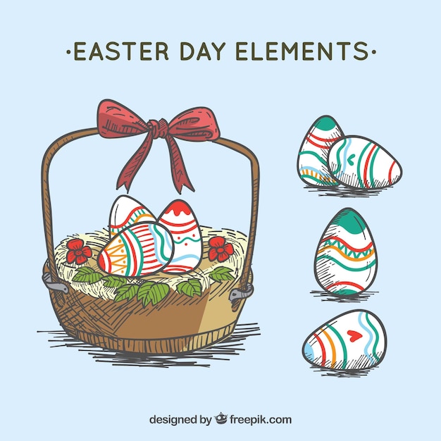 Free Vector Basket And Hand Drawn Easter Eggs 5757