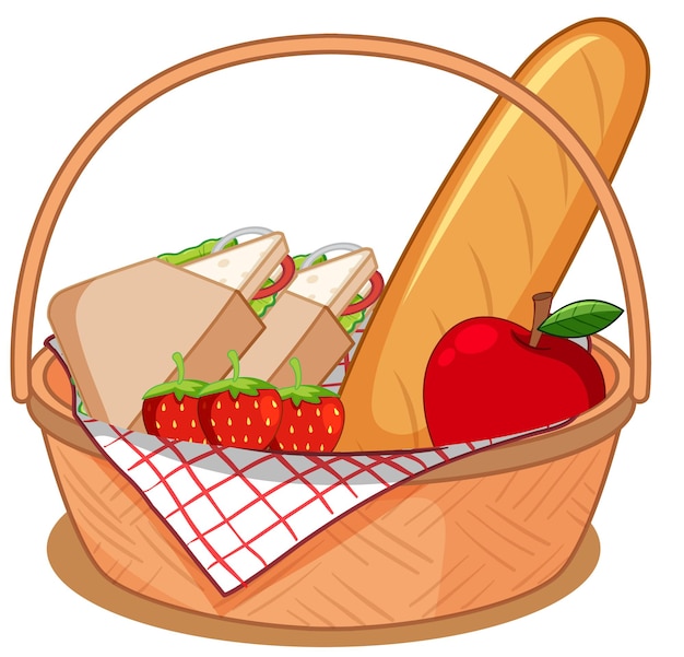Free Vector Basket with many foods for picnic isolated