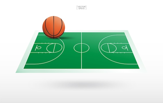 ラインコートパターンとバスケットボールボールとバスケットボールコートの背景 バスケットボールフィールドの背景の斜視図 ベクトルイラスト プレミアムベクター