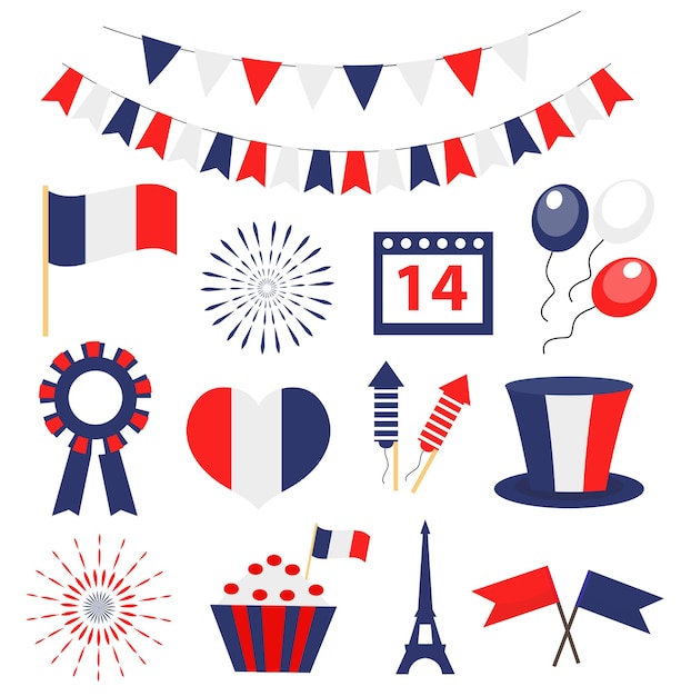 フランス革命記念日 フランスの国民の祝日アイコンが設定されています ベクトルイラスト プレミアムベクター