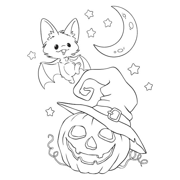 Premium Vector | Bat and pumpkin halloween coloring page