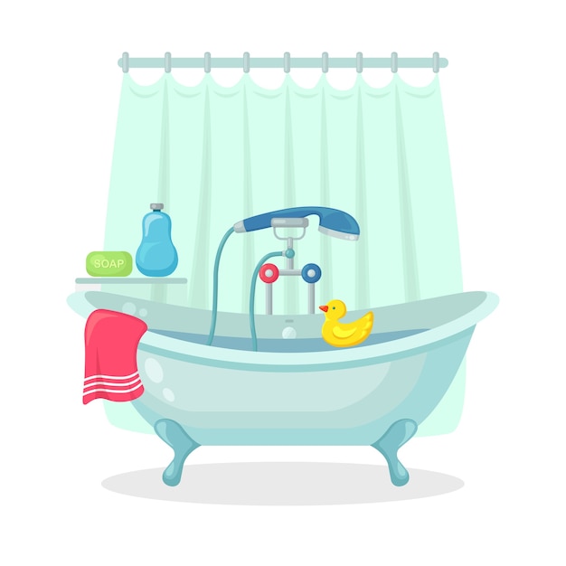 背景に分離された泡と泡でいっぱいのお風呂 バスルームのインテリア シャワーの蛇口 石鹸 バスタブ ゴム製のアヒル ピンクのタオル 入浴やリラックスのための快適な設備 プレミアムベクター