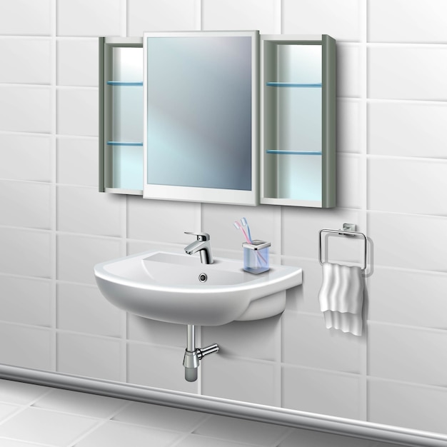 バスルームタイルインテリアイラスト トイレの磁器の洗面台には 蛇口と白いフェイスタオルが付いており カップにはブラシと鏡が付いています プレミアムベクター