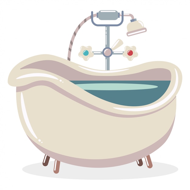 水とシャワー付きのバスタブ 分離されたビンテージ風呂の漫画フラットイラスト プレミアムベクター