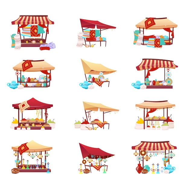 Bazaar trade tents cartoon vector illustrations set. middle east marketplace flat color objects. ret