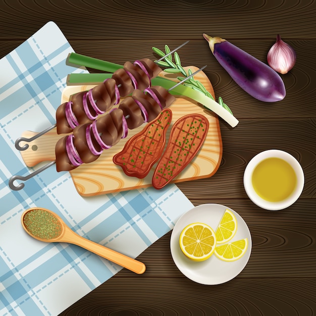バーベキューグリルステーキとケバブのハーブと野菜のリアルなイラストとまな板の上 無料のベクター