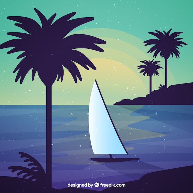 Beach background with boat and palm\
trees