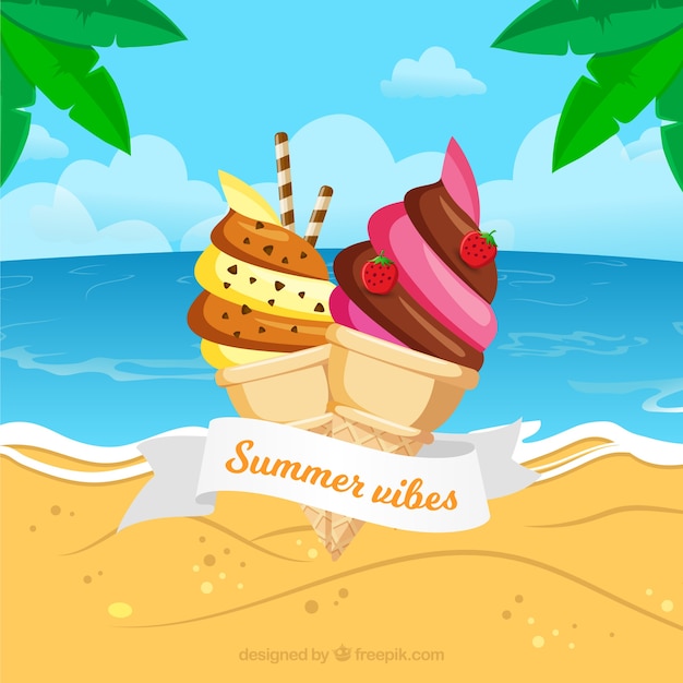 Beach background with delicious ice\
cream