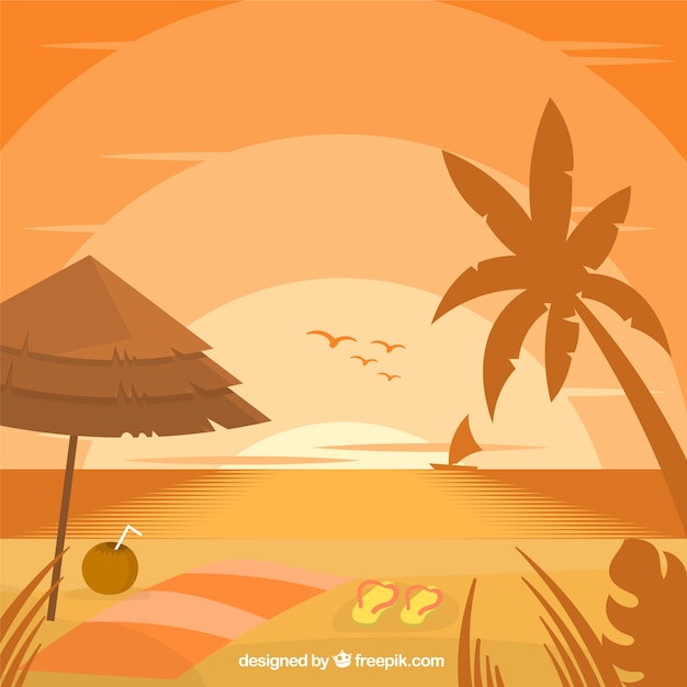Beach background with palm tree and birds at\
sunset