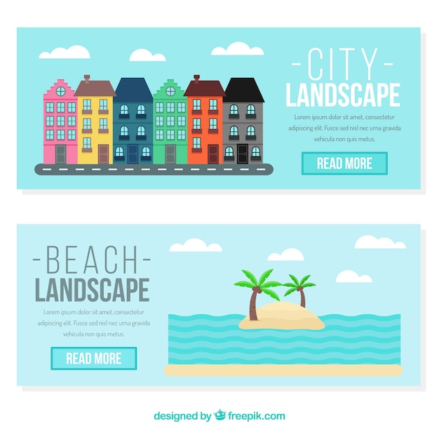 Beach banners and facades of houses in flat\
design