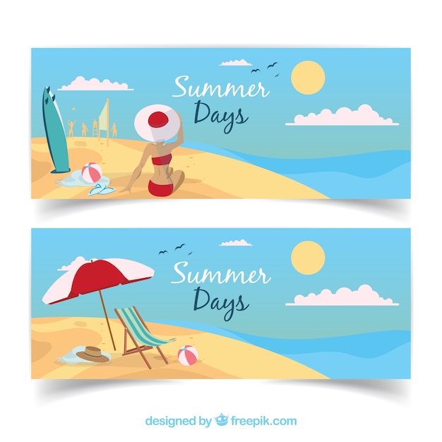 Beach banners with woman and summer elements | Free Vector