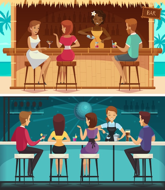 Free Vector | Beach bar and evening bar cartoon horizontal banners