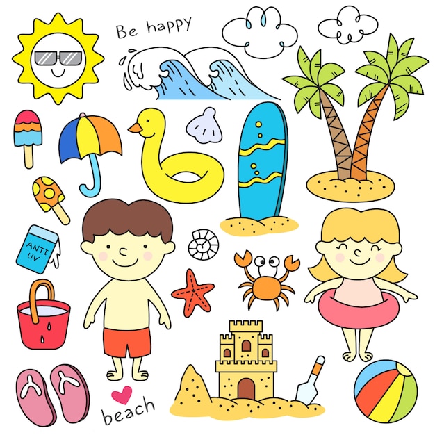 Premium Vector | Beach children doodle set
