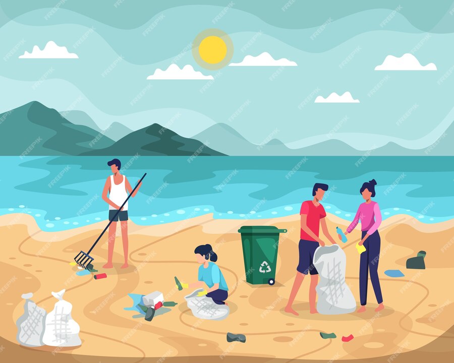 Premium Vector | Beach cleaning . people collecting trash into bags on ...