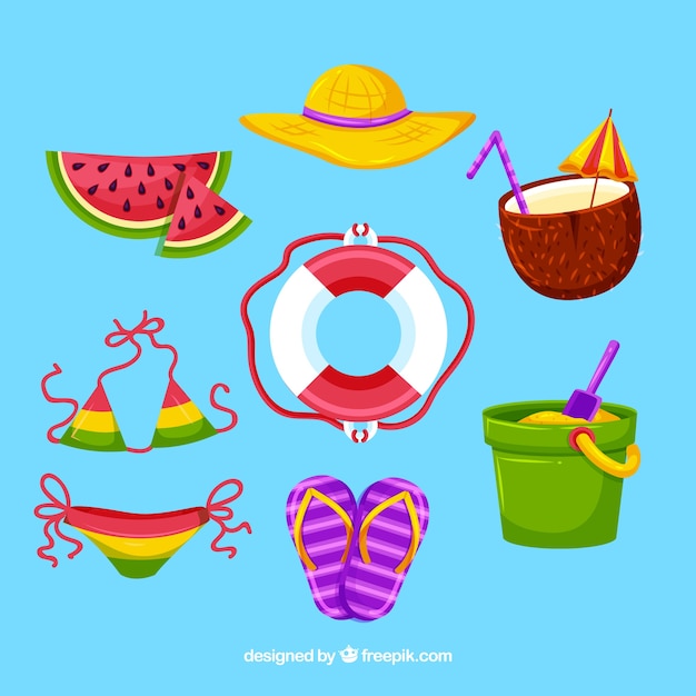 Free Vector | Beach elements collection with clothes in hand drawn style