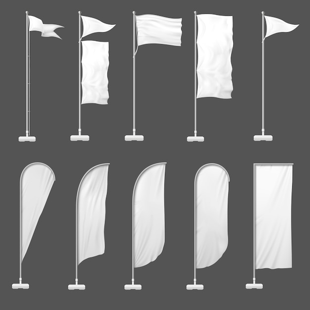 ビーチの旗 旗竿の屋外バナー 空白の旗 空の広告ビーチフロントバナーテンプレートイラスト プレミアムベクター