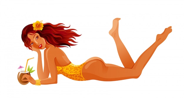 ビーチの女の子のベクトル カクテルイラスト夏のセクシーな女性 かわいい顔とトロピカルドリンクのビキニ水着で漫画日焼け少女 休暇の人々アート プレミアムベクター