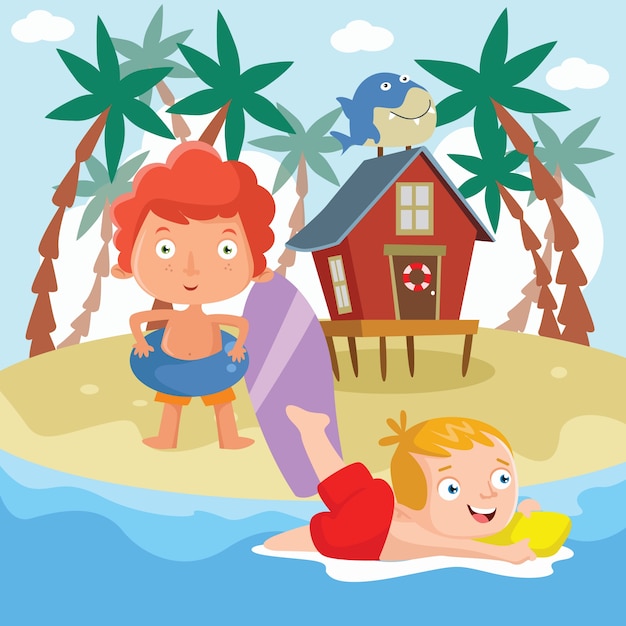  Beach  kids  cartoon  illustration Vector Premium Download
