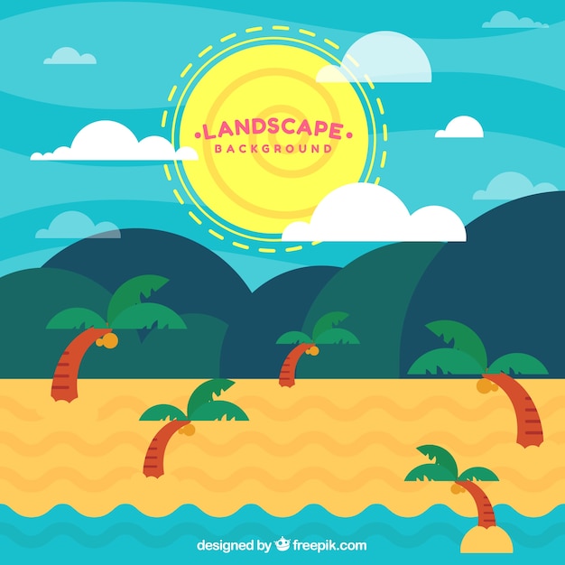 Beach landscape background with palm trees in\
flat design