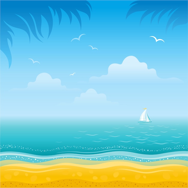 ビーチ風景休暇バナー 青い海 砂 ヤシの木 帆船で漫画のスタイルで夏の海旅行の背景 島のイラストをパラダイスします プレミアムベクター