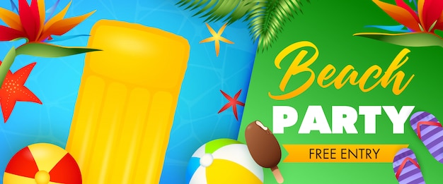 Beach party lettering, floating raft and inflatable balls Free Vector