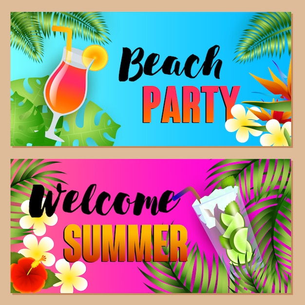 Download Beach party, welcome summer letterings set with cocktails ...