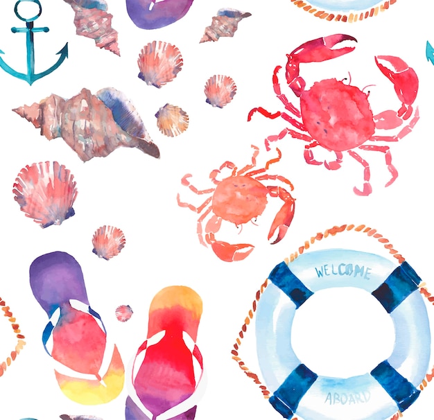Beach pattern of flip flops red crabs seashells lifebuoy Premium Vector