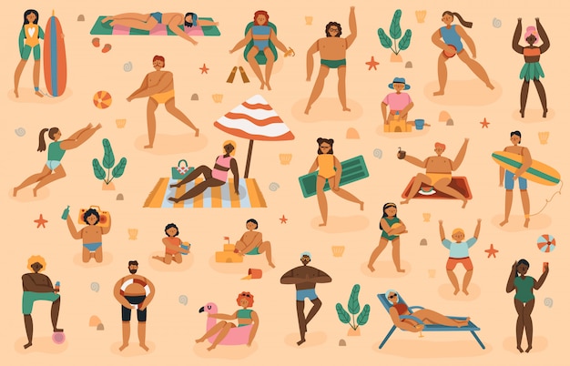 ビーチの人々 夏の砂のビーチでの休暇 男 女 日光浴 遊んで タオルの上に横たわる子供と家族と一緒に日光浴イラストセット 夏の砂浜 海リラックスリゾート プレミアムベクター