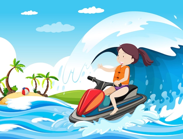 Beach scene with a woman driving jet ski Free Vector