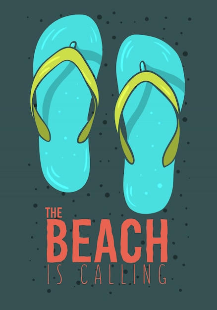 フリップフロップスリッパビーチ夏の手描きのイラストとビーチ夏ポスターデザイン プレミアムベクター