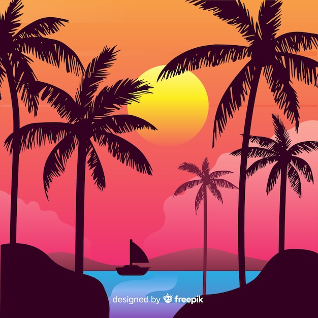Free Vector | Beach sunset with palm silhouettes background