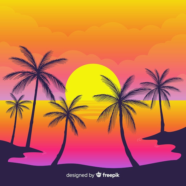 Free Vector | Beach sunset with palm silhouettes