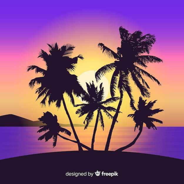 Free Vector | Beach sunset with palm silhouettes