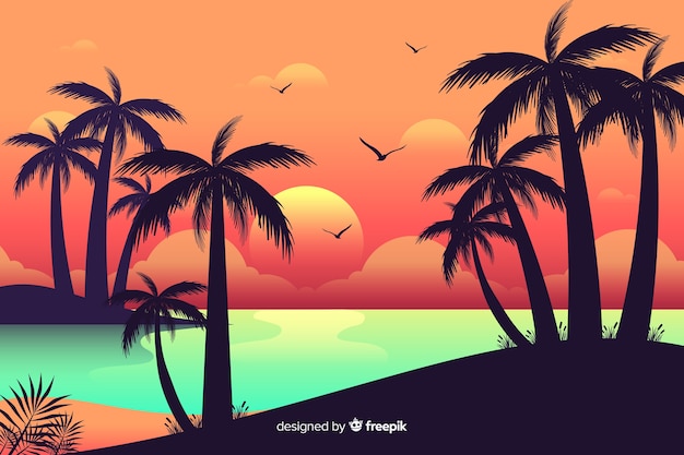 Free Vector | Beach sunset with palm silhouettes