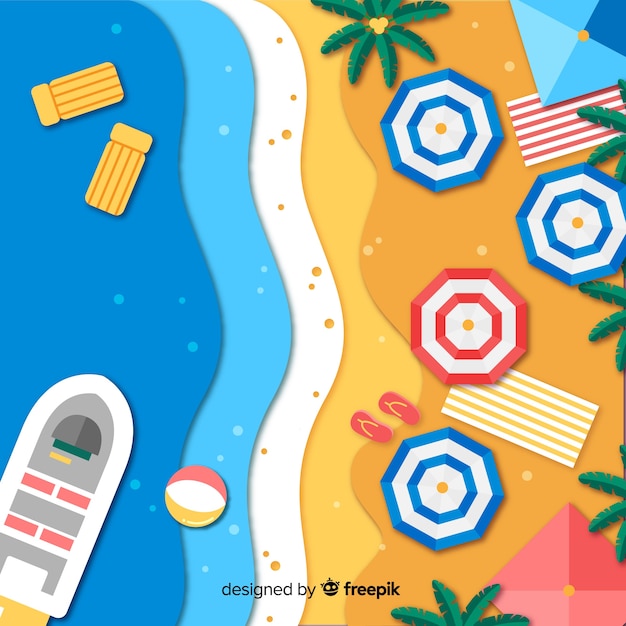 Beach top view in paper style background Free Vector