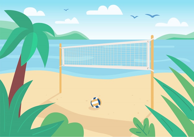 ビーチバレーボールネットフラットカラーイラスト ボールゲーム屋外コート 夏休みのエンターテイメント 背景に水と熱帯のヤシの木と海岸2 D漫画風景 プレミアムベクター